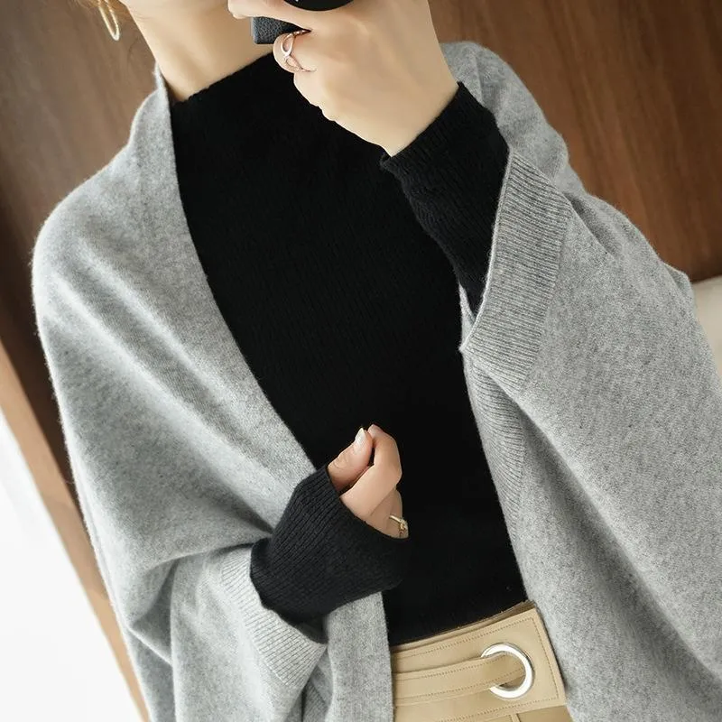 Damen Langer offener Kaschmir‑Look Strick-Wrap mit überschnittener Ärmelpartie Drune