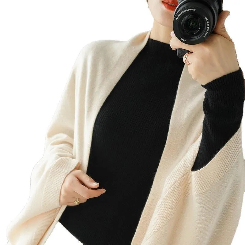 Damen Langer offener Kaschmir‑Look Strick-Wrap mit überschnittener Ärmelpartie Drune