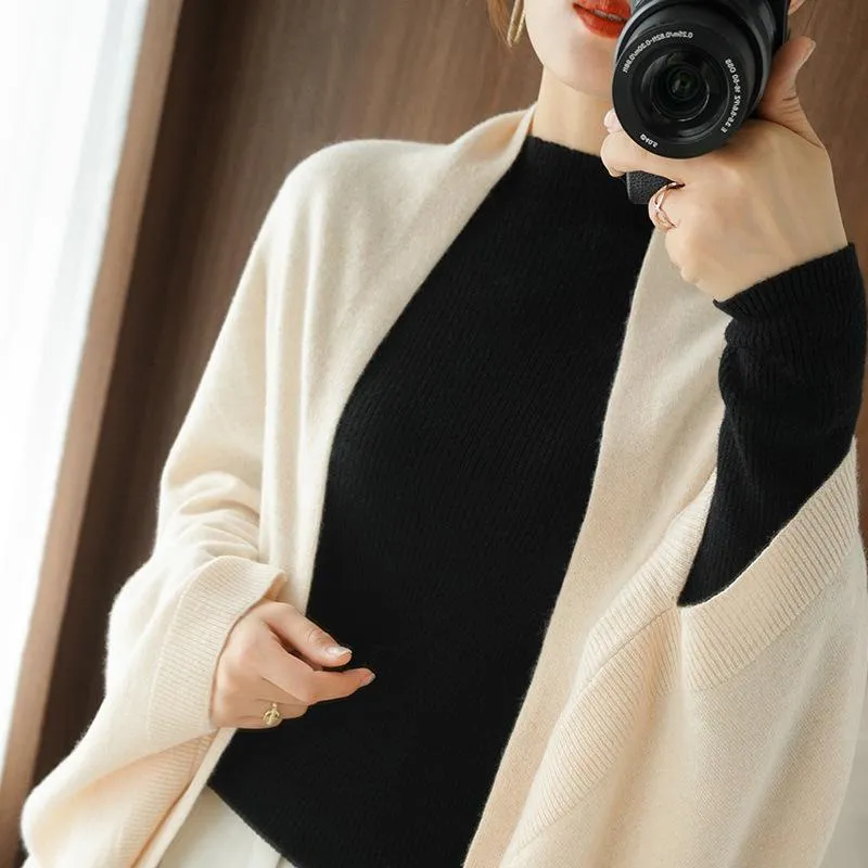 Damen Langer offener Kaschmir‑Look Strick-Wrap mit überschnittener Ärmelpartie Drune