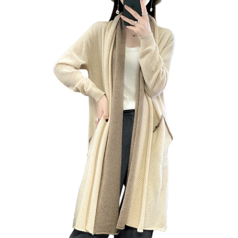 Damen Langer offener Cardigan in Kaschmir‑Look mit Schalkragen und Eingriffstaschen Drune