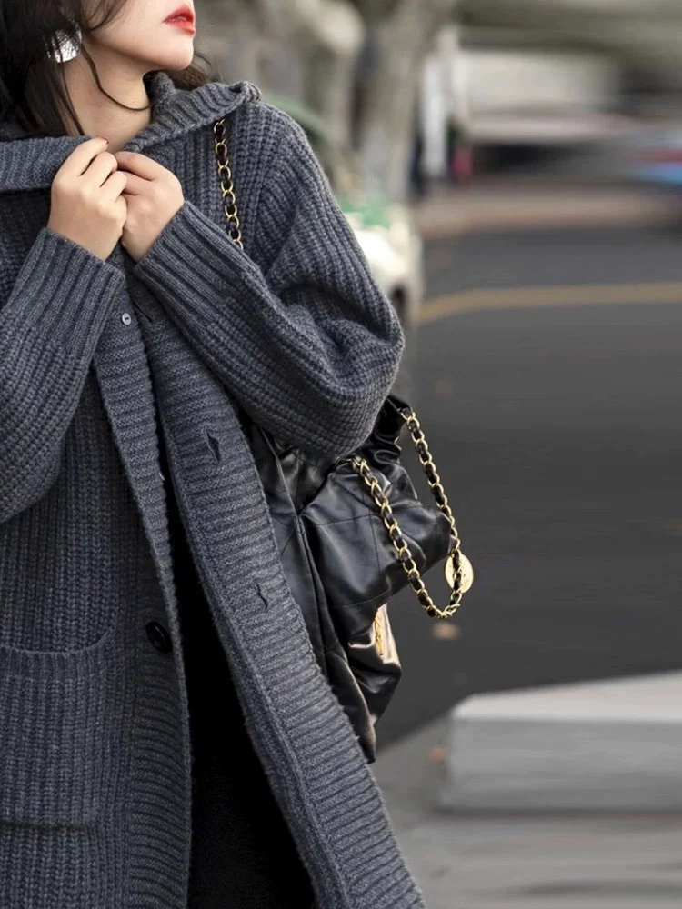 Damen Langer Kapuzen-Cardigan aus grobem Rippstrick mit Eingrifftaschen Drune