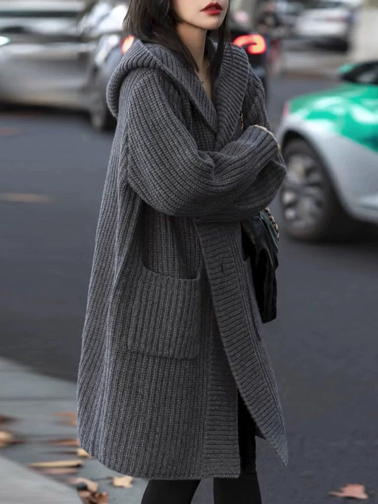 Damen Langer Kapuzen-Cardigan aus grobem Rippstrick mit Eingrifftaschen Drune