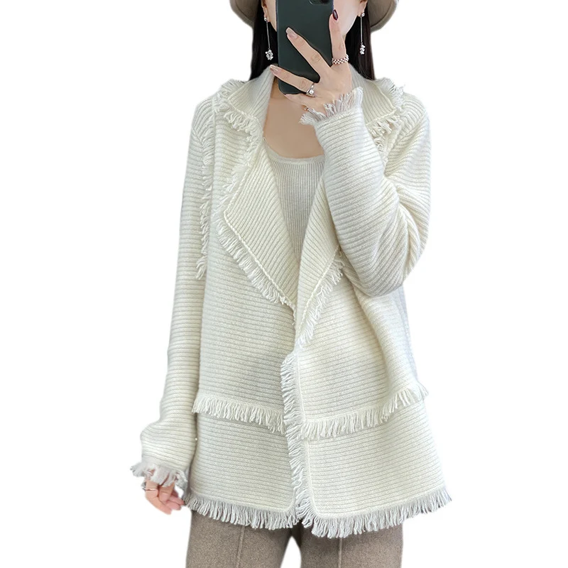 Damen Langer Fransen‑Strickcardigan mit großem Schalkragen und feiner Rippenstruktur Drune