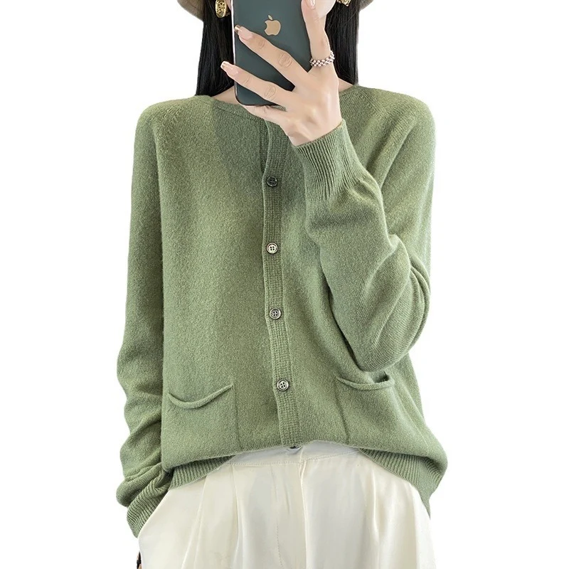 Damen Langer Feinstrick-Cardigan mit Rundhalsausschnitt, Eingrifftaschen und Alpaka-Mix Drune