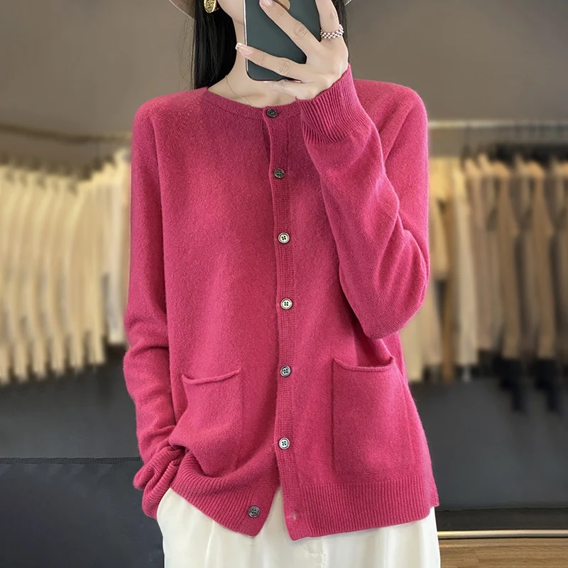 Damen Langer Feinstrick-Cardigan mit Rundhalsausschnitt, Eingrifftaschen und Alpaka-Mix Drune