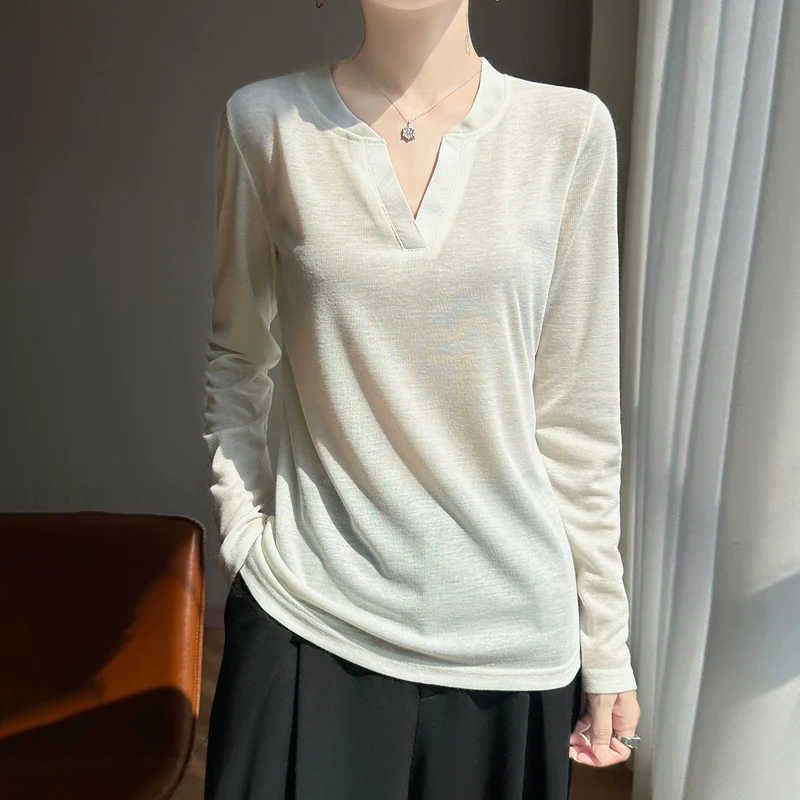 Damen Langärmliges Feinstrickshirt mit geschlitztem V-Kragen Drune