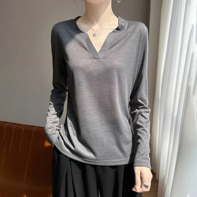 Damen Langärmliges Feinstrickshirt mit geschlitztem V-Kragen Drune