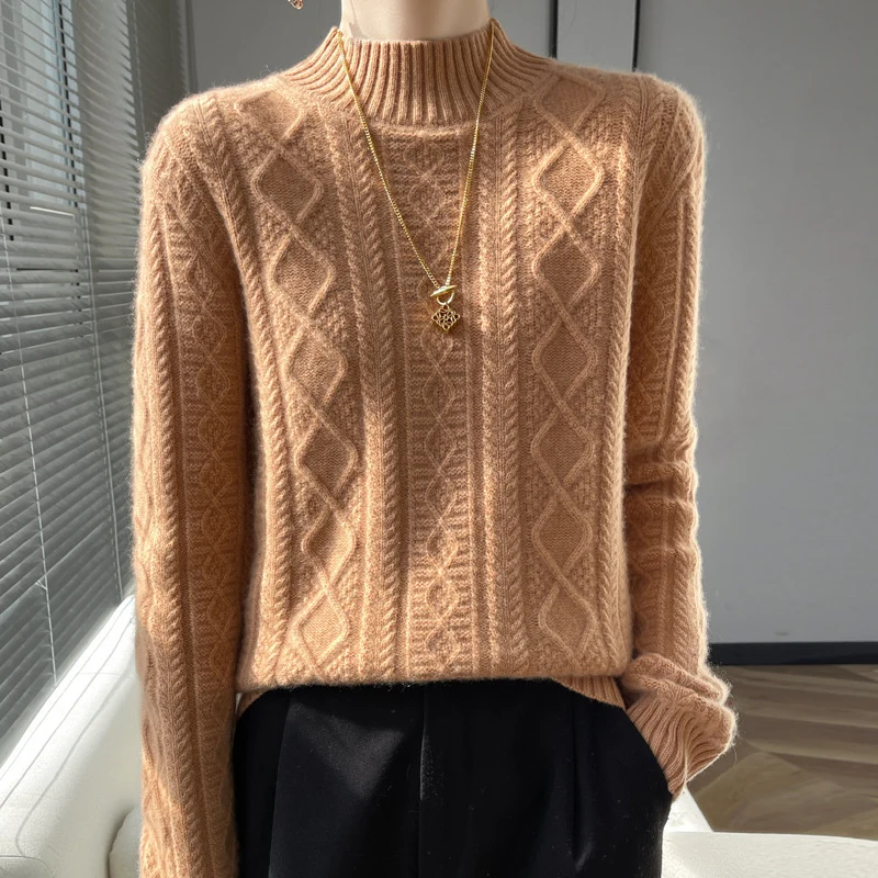 Damen Kuscheliger Mohair‑Optik Mockneckpullover mit Rautenzopfstruktur und kastiger Silhouette Drune