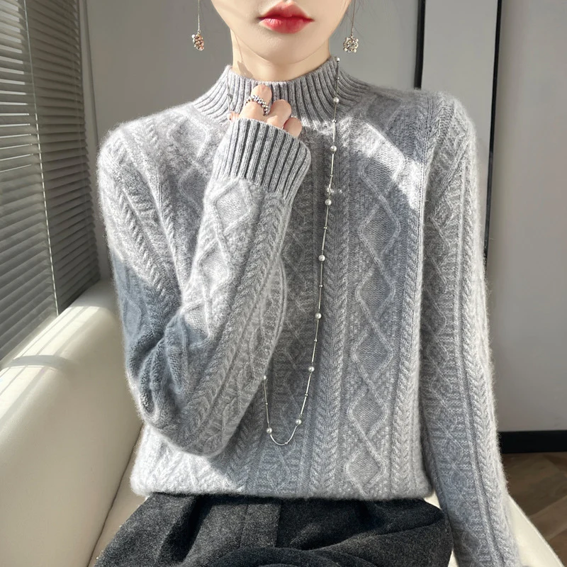 Damen Kuscheliger Mohair‑Optik Mockneckpullover mit Rautenzopfstruktur und kastiger Silhouette Drune
