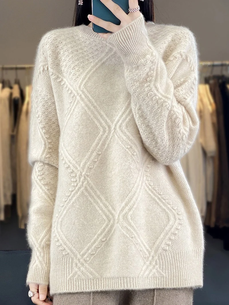 Damen Kuscheliger Mohair‑Look Oversize‑Pullover mit Rautenstruktur und Noppen‑Details Drune