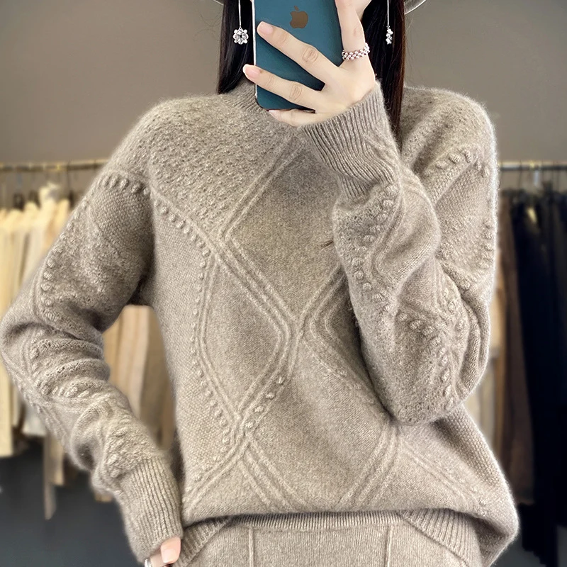 Damen Kuscheliger Mohair‑Look Oversize‑Pullover mit Rautenstruktur und Noppen‑Details Drune