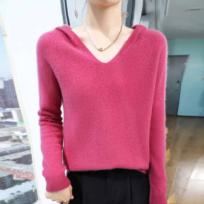 Damen Kuscheliger Kapuzenpullover im Angora‑Look mit feinem Rippbund Drune