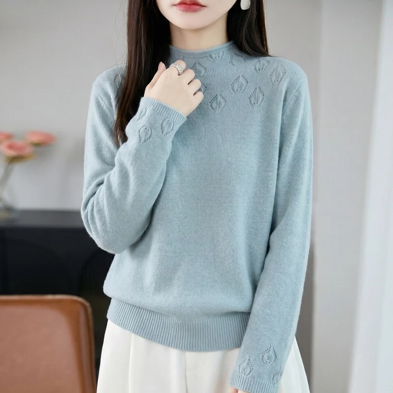Damen Kurzrollkragenpullover aus Feinstrick mit Ajour‑Yoke und geripptem Saum Drune