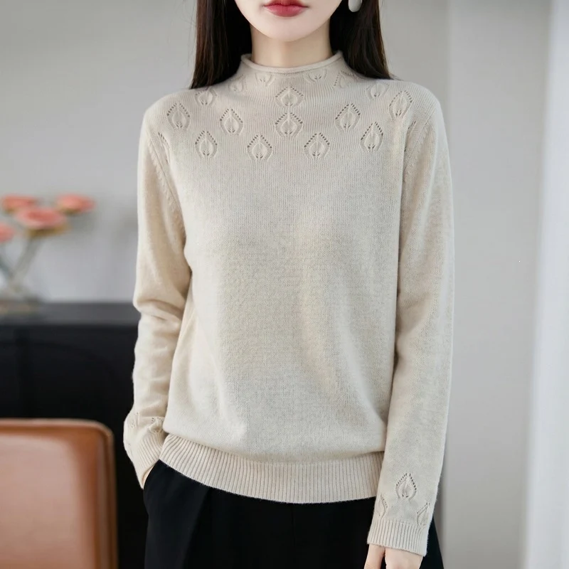 Damen Kurzrollkragenpullover aus Feinstrick mit Ajour‑Yoke und geripptem Saum Drune
