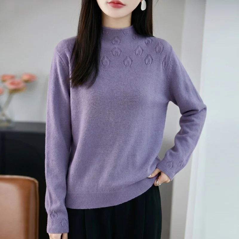 Damen Kurzrollkragenpullover aus Feinstrick mit Ajour‑Yoke und geripptem Saum Drune