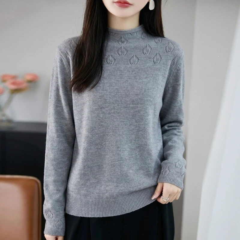 Damen Kurzrollkragenpullover aus Feinstrick mit Ajour‑Yoke und geripptem Saum Drune