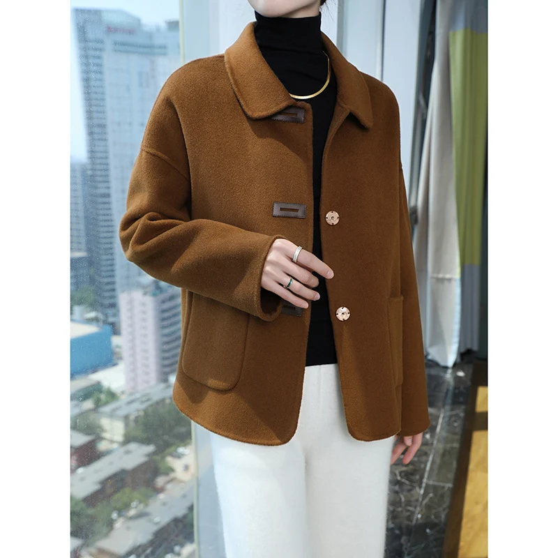 Damen Kurzmantel aus Wollmix mit Hemdkragen, kastiger Silhouette und Eingrifftaschen Drune