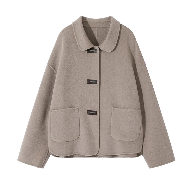 Damen Kurzmantel aus Wollmix mit Hemdkragen, kastiger Silhouette und Eingrifftaschen Drune