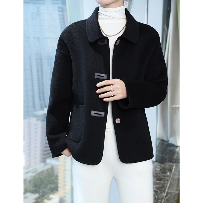 Damen Kurzmantel aus Wollmix mit Hemdkragen, kastiger Silhouette und Eingrifftaschen Drune