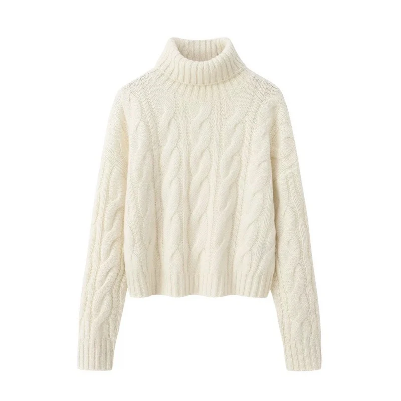 Damen Kurzgeschnittener Zopfmuster‑Turtleneckpullover mit kastiger Silhouette Drune