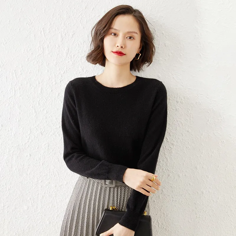 Damen Kurzgeschnittener Feinstrickpullover mit Rundhalsausschnitt und geripptem Bund Drune
