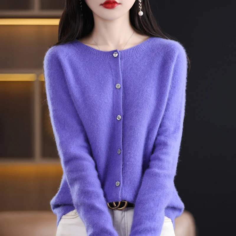 Damen Kurzgeschnittener Cardigan in Mohair‑Optik mit Rundhalsausschnitt und Perlmuttknöpfen Drune