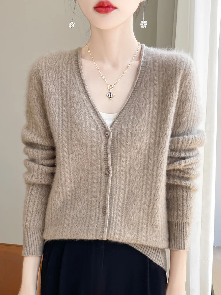 Damen Kurzer Zopfmuster-Cardigan im Mohair-Look mit V‑Ausschnitt und gerippten Bündchen Drune