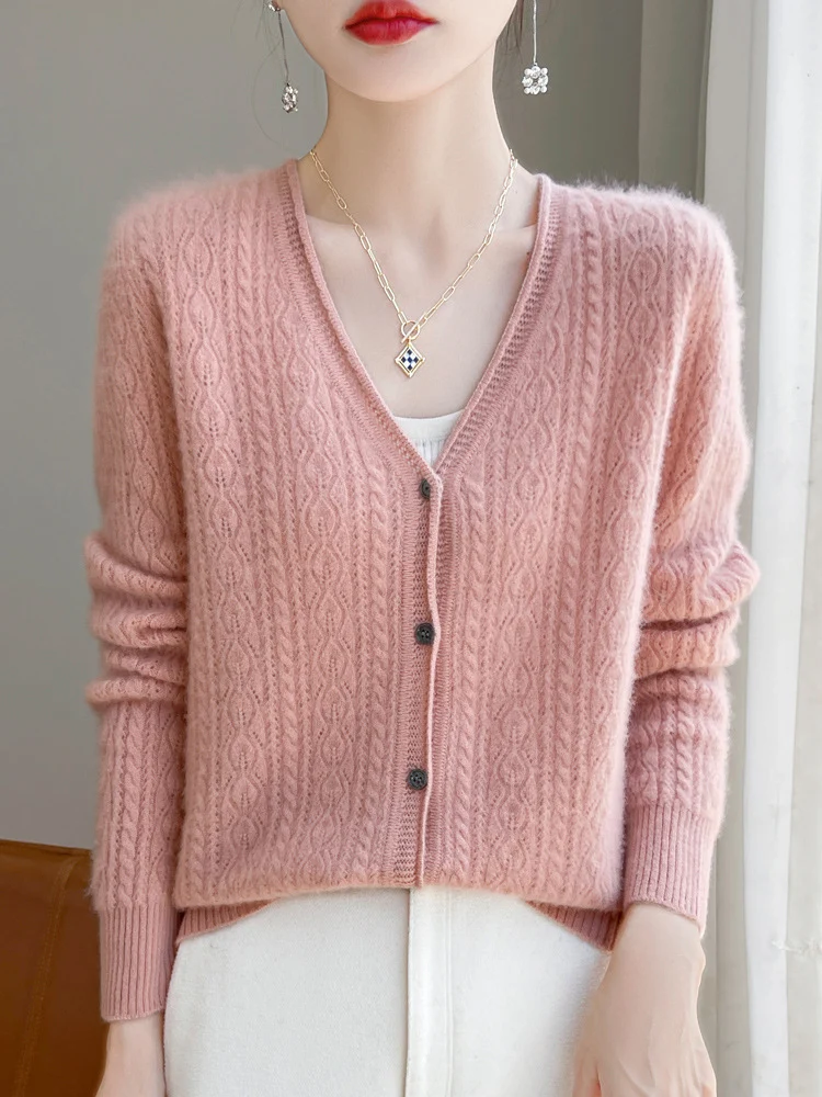 Damen Kurzer Zopfmuster-Cardigan im Mohair-Look mit V‑Ausschnitt und gerippten Bündchen Drune