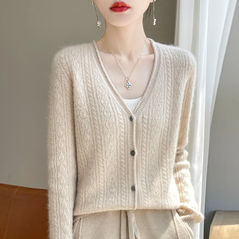 Damen Kurzer Zopfmuster-Cardigan im Mohair-Look mit V‑Ausschnitt und gerippten Bündchen Drune