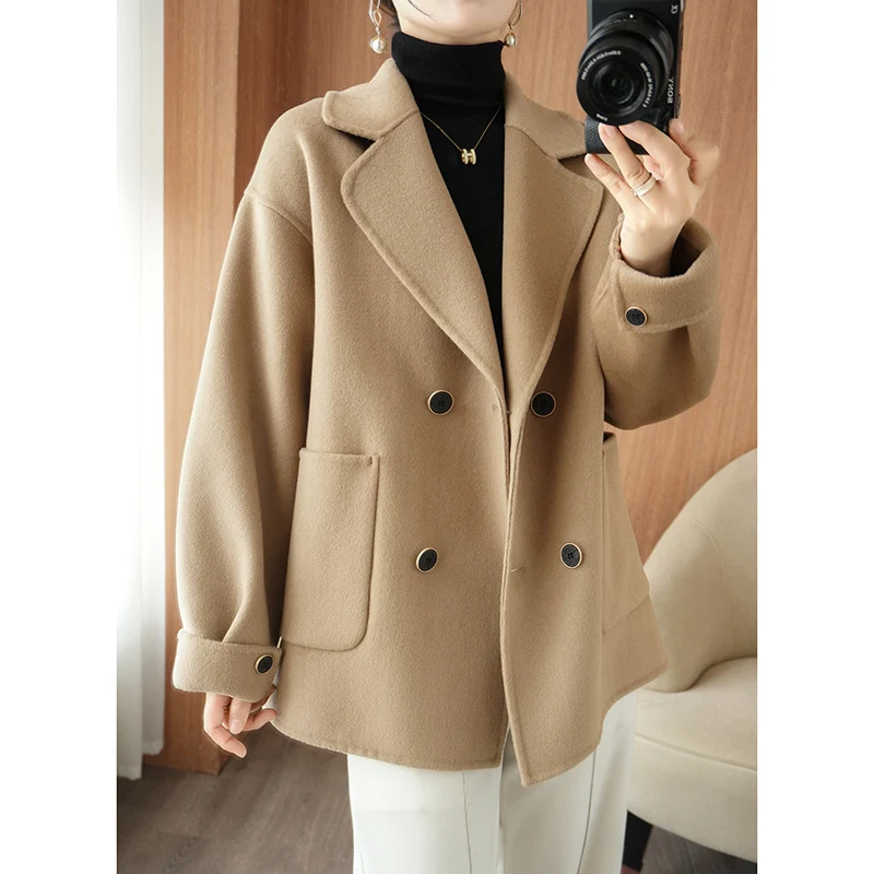 Damen Kurzer doppeltreihiger Wollmix-Mantel mit Reverskragen und kastiger Oversize‑Silhouette Drune