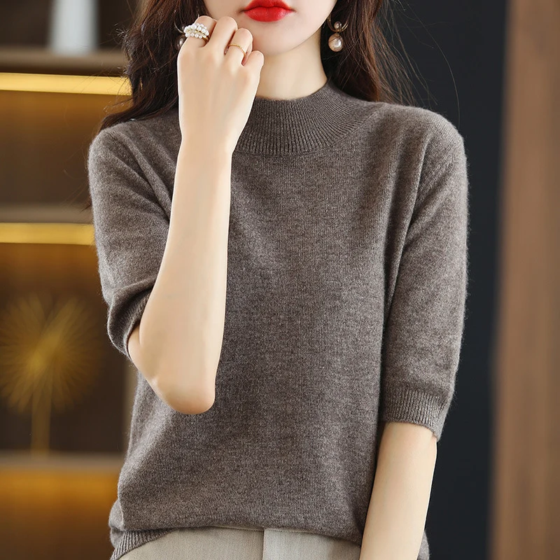 Damen Kurzärmeliger Feinstrick-Pullover mit halbem Rollkragen Drune
