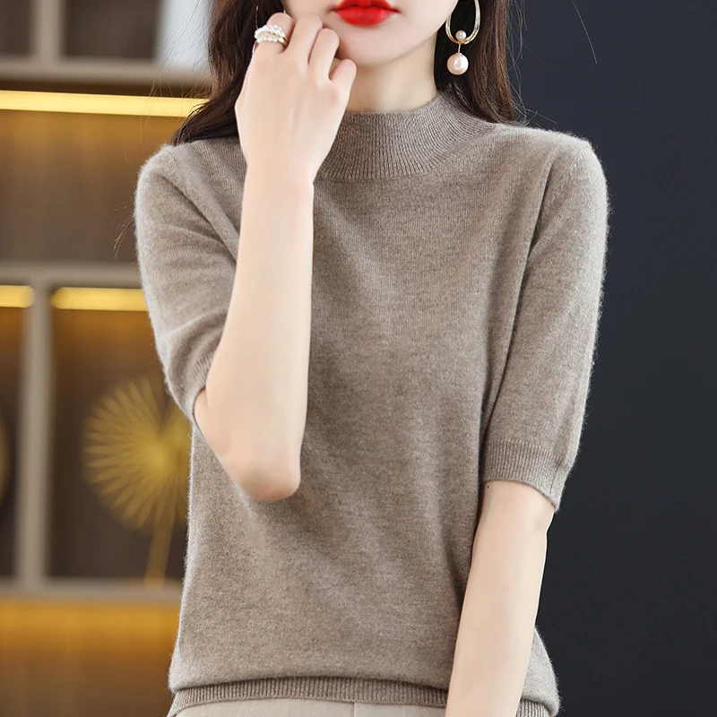Damen Kurzärmeliger Feinstrick-Pullover mit halbem Rollkragen Drune