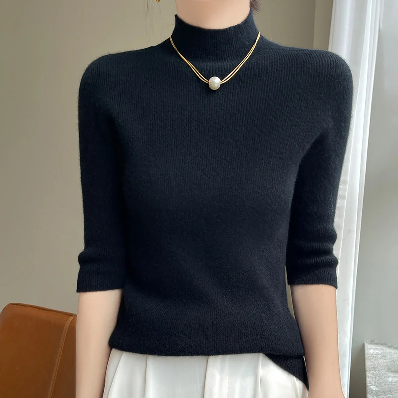 Damen Kurzarm-Mockneck-Pullover mit flauschiger Angora‑Optik Drune
