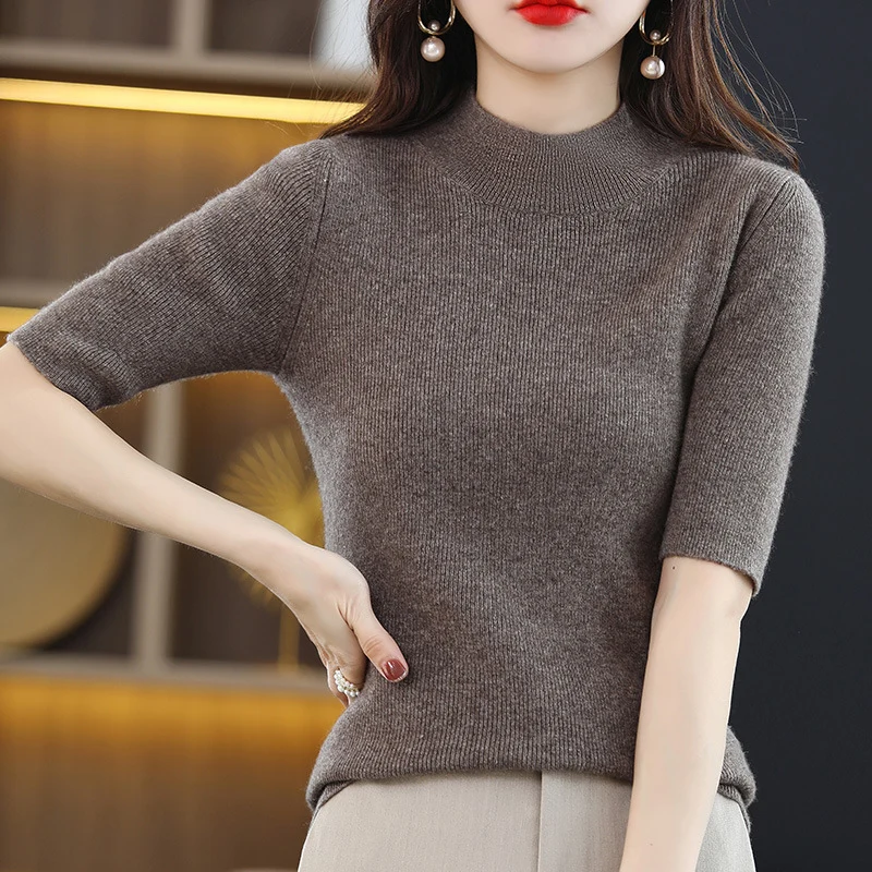 Damen Kurzarm-Feinstrickpullover mit Stehkragen und taillierter Passform Drune