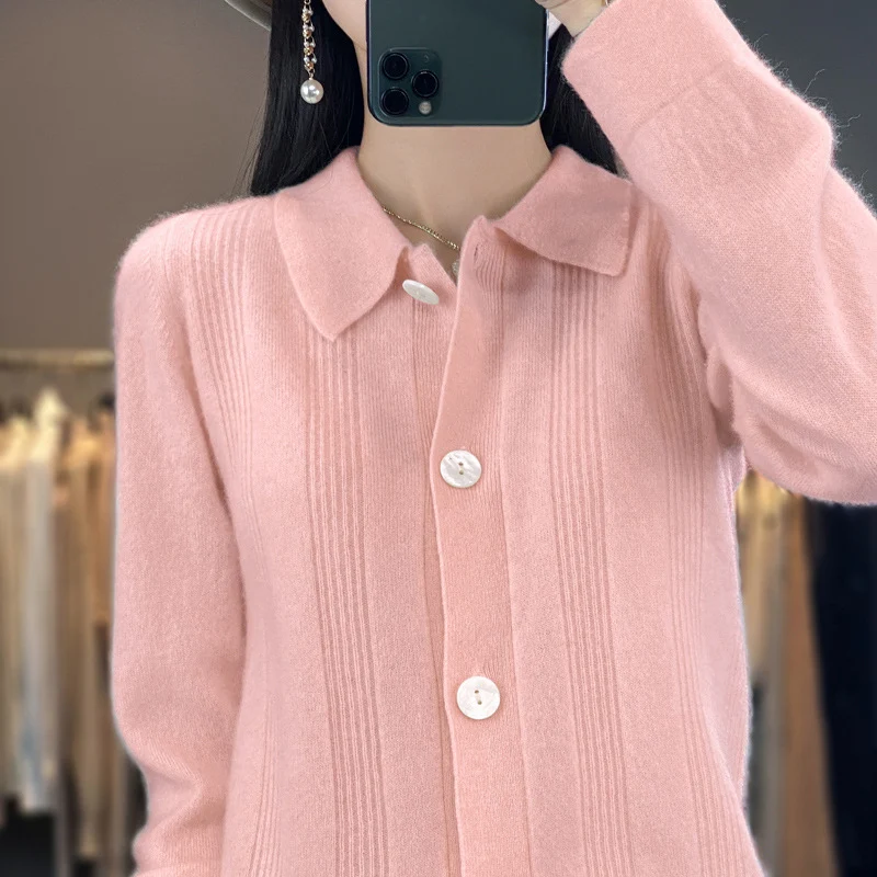 Damen Knopfcardigan mit Hemdkragen und feiner Längsrippenstruktur Drune
