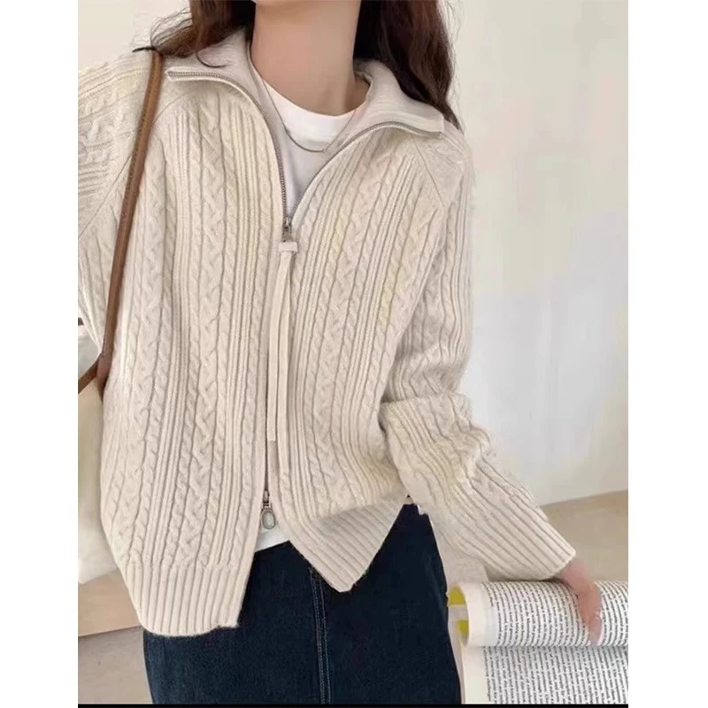 Damen Kastiger Zopfstrick‑Cardigan mit Zweiwege‑Reißverschluss, Stehkragen und breitem Rippsaum Drune