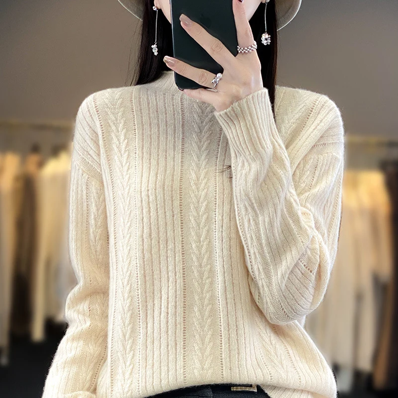 Damen Kaschmirähnlicher Feinstrick-Mockneckpullover mit Ajour‑Zopfmuster und lässiger Oversize‑Passform Drune