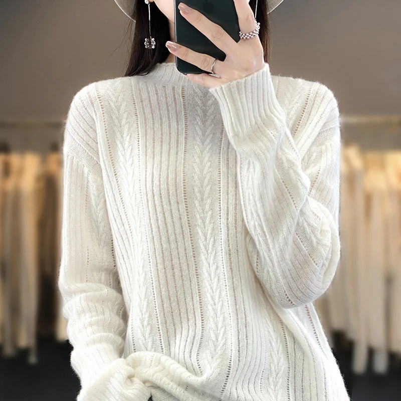 Damen Kaschmirähnlicher Feinstrick-Mockneckpullover mit Ajour‑Zopfmuster und lässiger Oversize‑Passform Drune