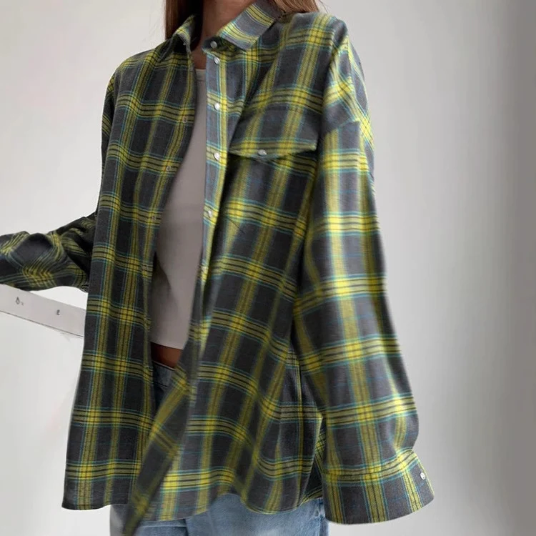 Damen Karo Oversize Flanellhemd Bluse mit Druckknopfblende und Hemdkragen Drune