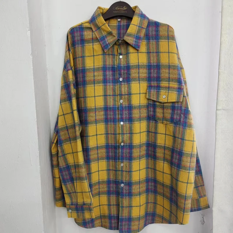 Damen Karo Oversize Flanellhemd Bluse mit Druckknopfblende und Hemdkragen Drune