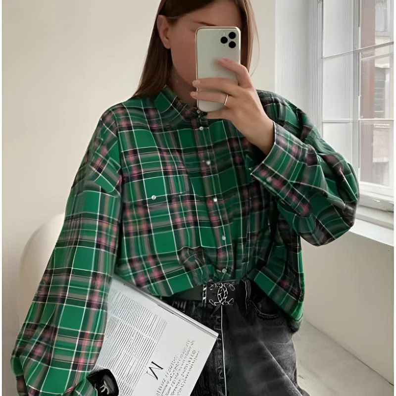 Damen Karo Oversize Flanellhemd Bluse mit Druckknopfblende und Hemdkragen Drune
