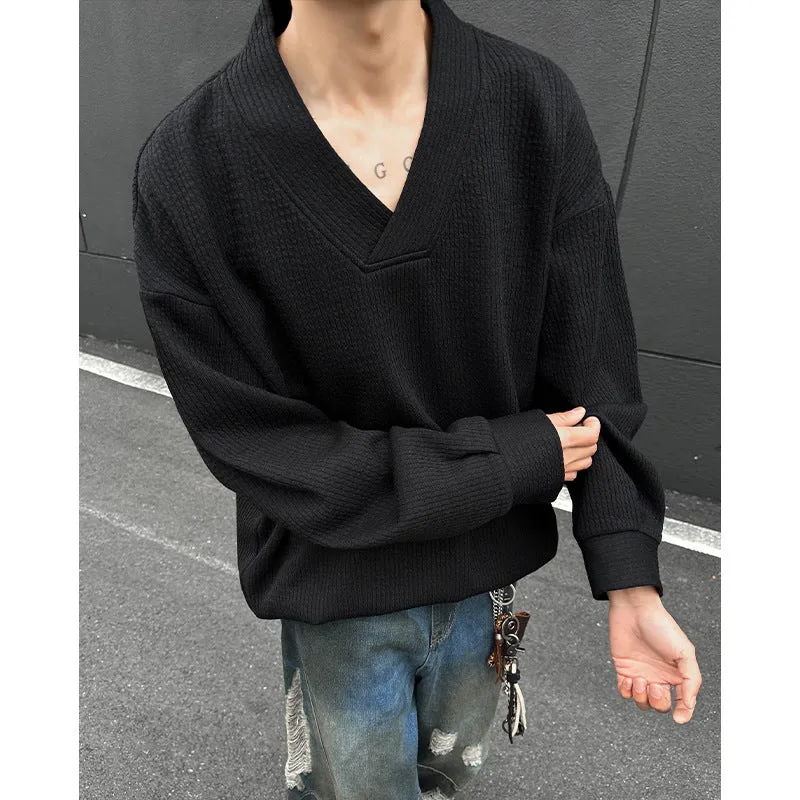 Herren Oversize-Feinstrickpullover mit tiefem V-Ausschnitt und Rippenstruktur Drune