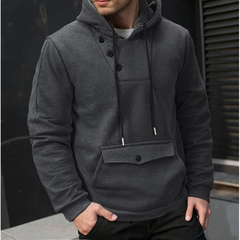 Herren Oversize Baumwoll-Fleece Kapuzenpullover mit asymmetrischer Knopfleiste und aufgesetzter Kängurutasche Drune