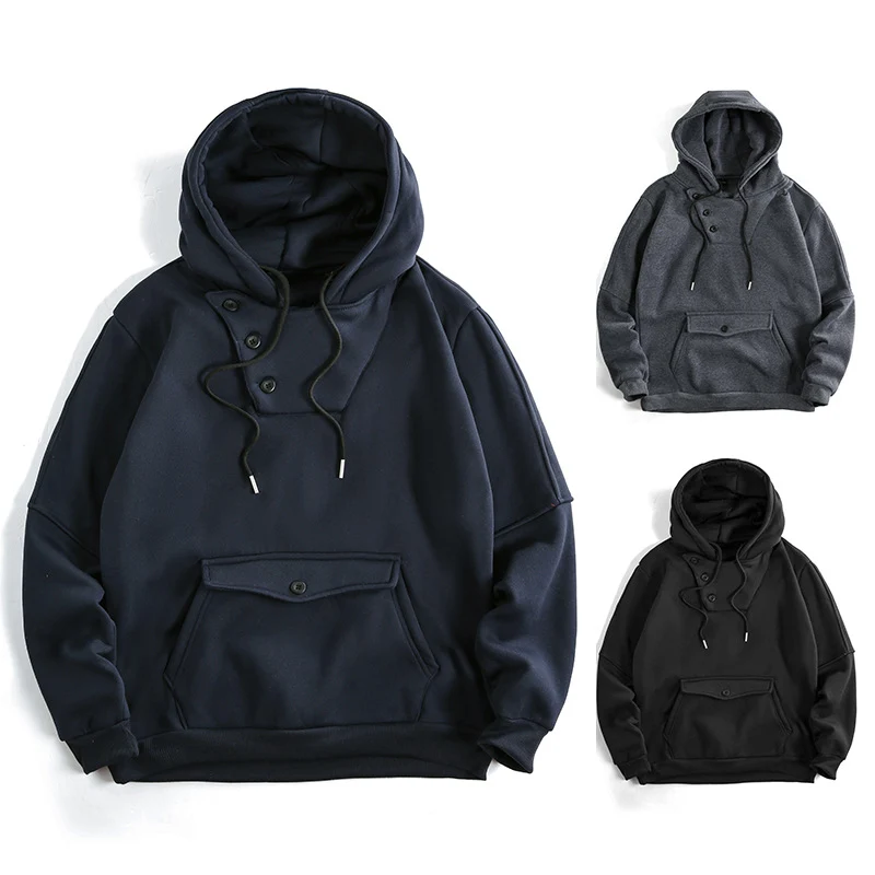 Herren Oversize Baumwoll-Fleece Kapuzenpullover mit asymmetrischer Knopfleiste und aufgesetzter Kängurutasche Drune