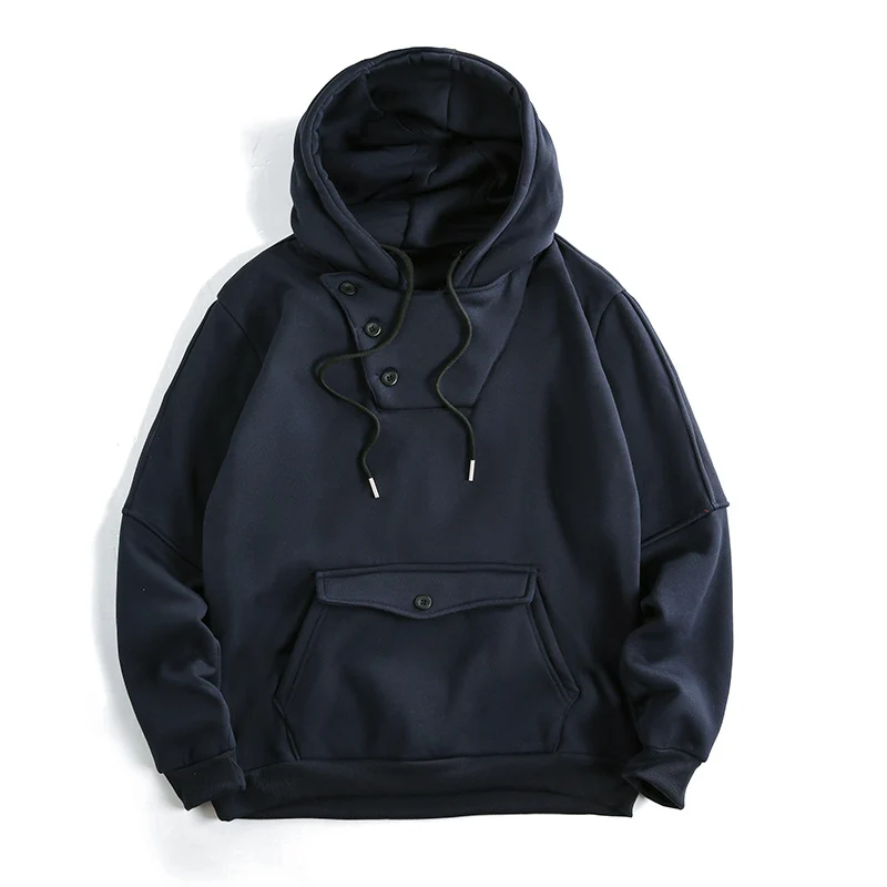 Herren Oversize Baumwoll-Fleece Kapuzenpullover mit asymmetrischer Knopfleiste und aufgesetzter Kängurutasche Drune