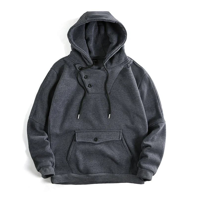 Herren Oversize Baumwoll-Fleece Kapuzenpullover mit asymmetrischer Knopfleiste und aufgesetzter Kängurutasche Drune
