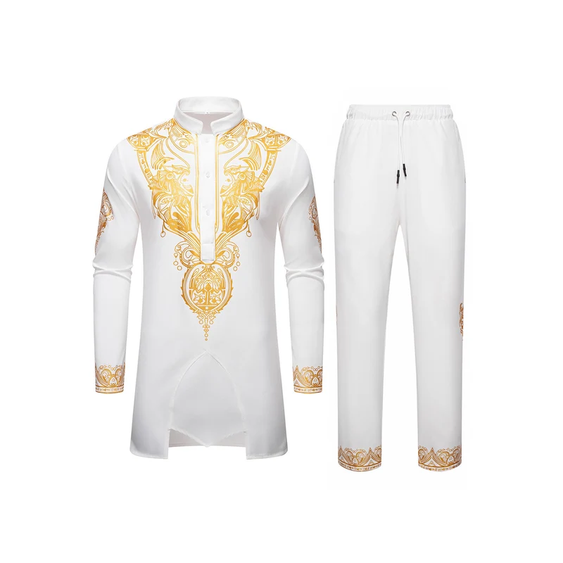 Herren Ornamentales Tunika-Set mit Stehkragen, Halbknopfleiste und goldverziertem Print Drune