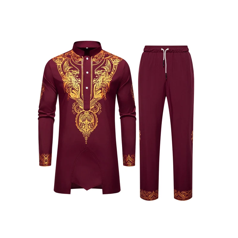 Herren Ornamentales Tunika-Set mit Stehkragen, Halbknopfleiste und goldverziertem Print Drune