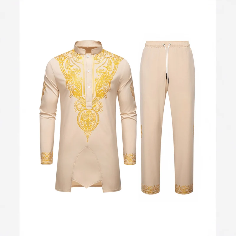 Herren Ornamentales Tunika-Set mit Stehkragen, Halbknopfleiste und goldverziertem Print Drune