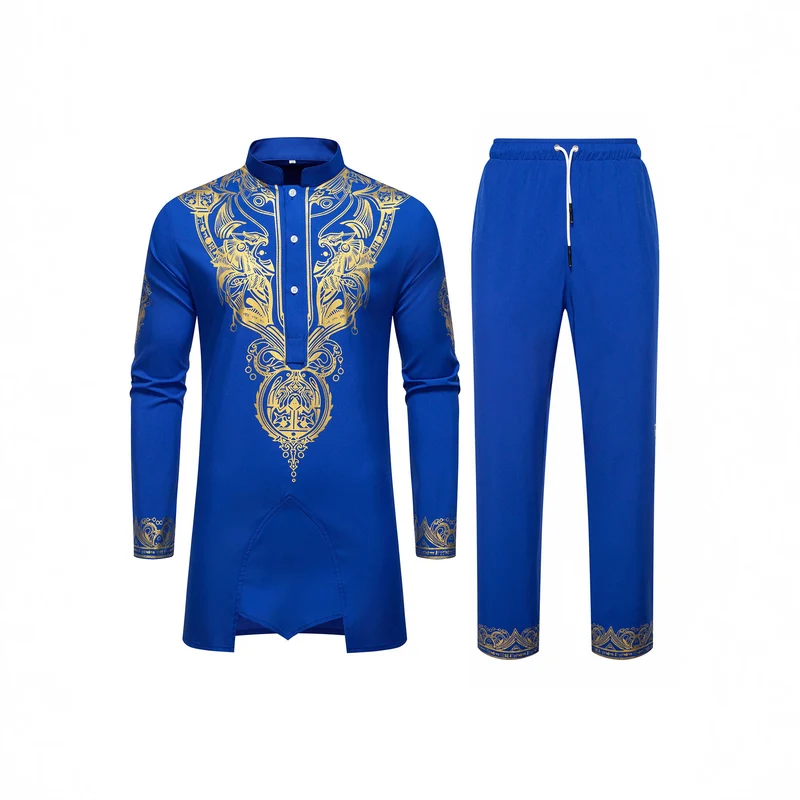Herren Ornamentales Tunika-Set mit Stehkragen, Halbknopfleiste und goldverziertem Print Drune